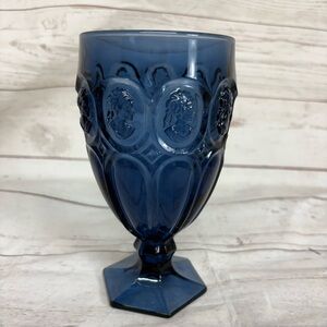 Vintage Frostoria Moonstone Cameo Dark Blue Stem Wine Water Goblet Glass 6 3/4"